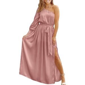Kirundo Womens Medium Satin One Shoulder Maxi Dress Long Sleeve Dusty Pink